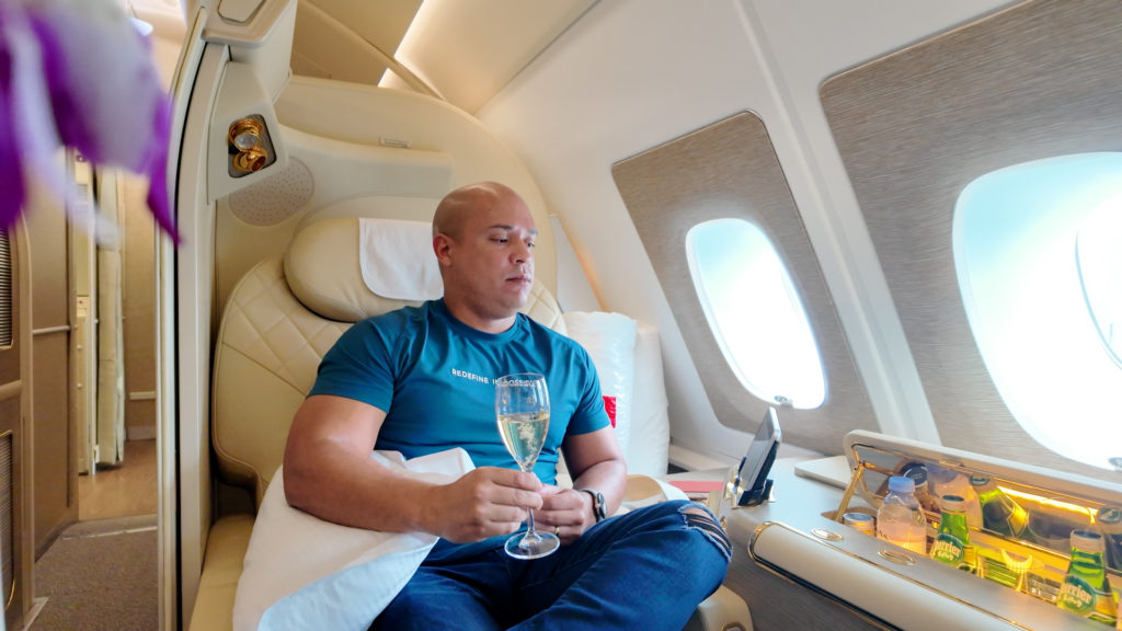 SIPPING DOM PERIGNON CHAMPAGNE IN EMIRATES A380