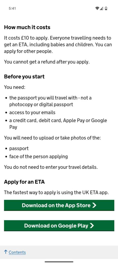 ETA UK Website direct links to ETA app