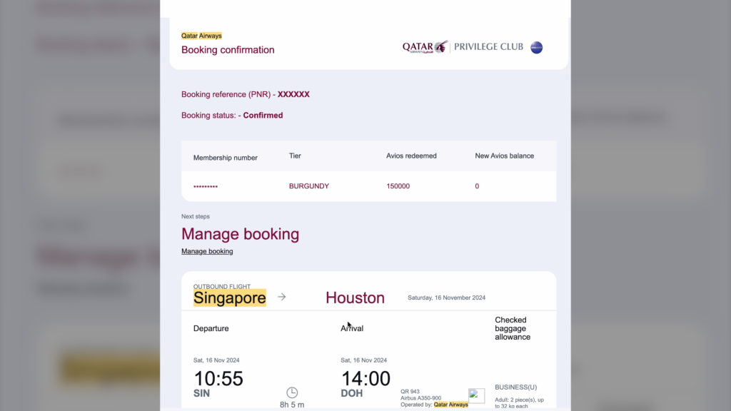 Price in Avios for a Singapore to Houston through Doha Flight